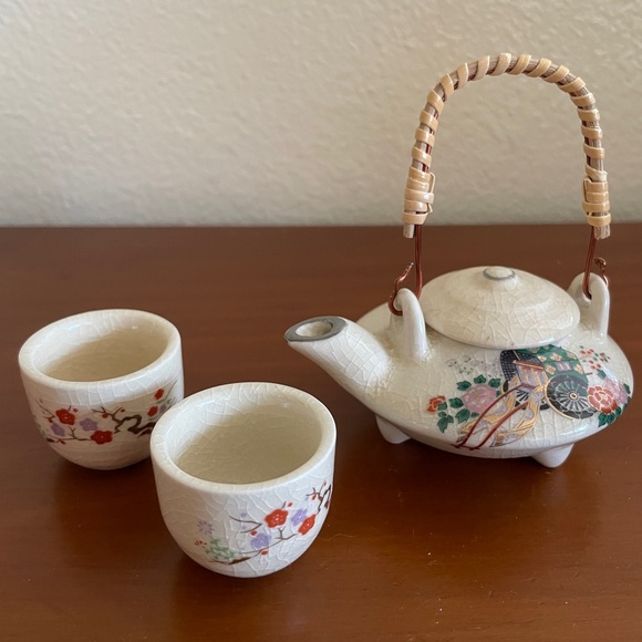 Vintage Miniature Japanese Tea Set Rickshaw Cart Asian Floral Original Box Cute - Picture 2 of 6